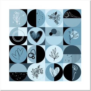 repeating geometry pattern, squares and circles, ornaments, black blue color tones Posters and Art